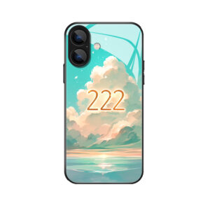 Stijlvolle iPhone 16 glazen case Engelgetallen 222 zwevend op de wolken