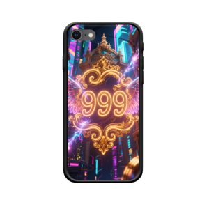 iPhone 7 Hoesje: Betoverende Magie van Engelgetallen 999 in Cyberpunk Stad
