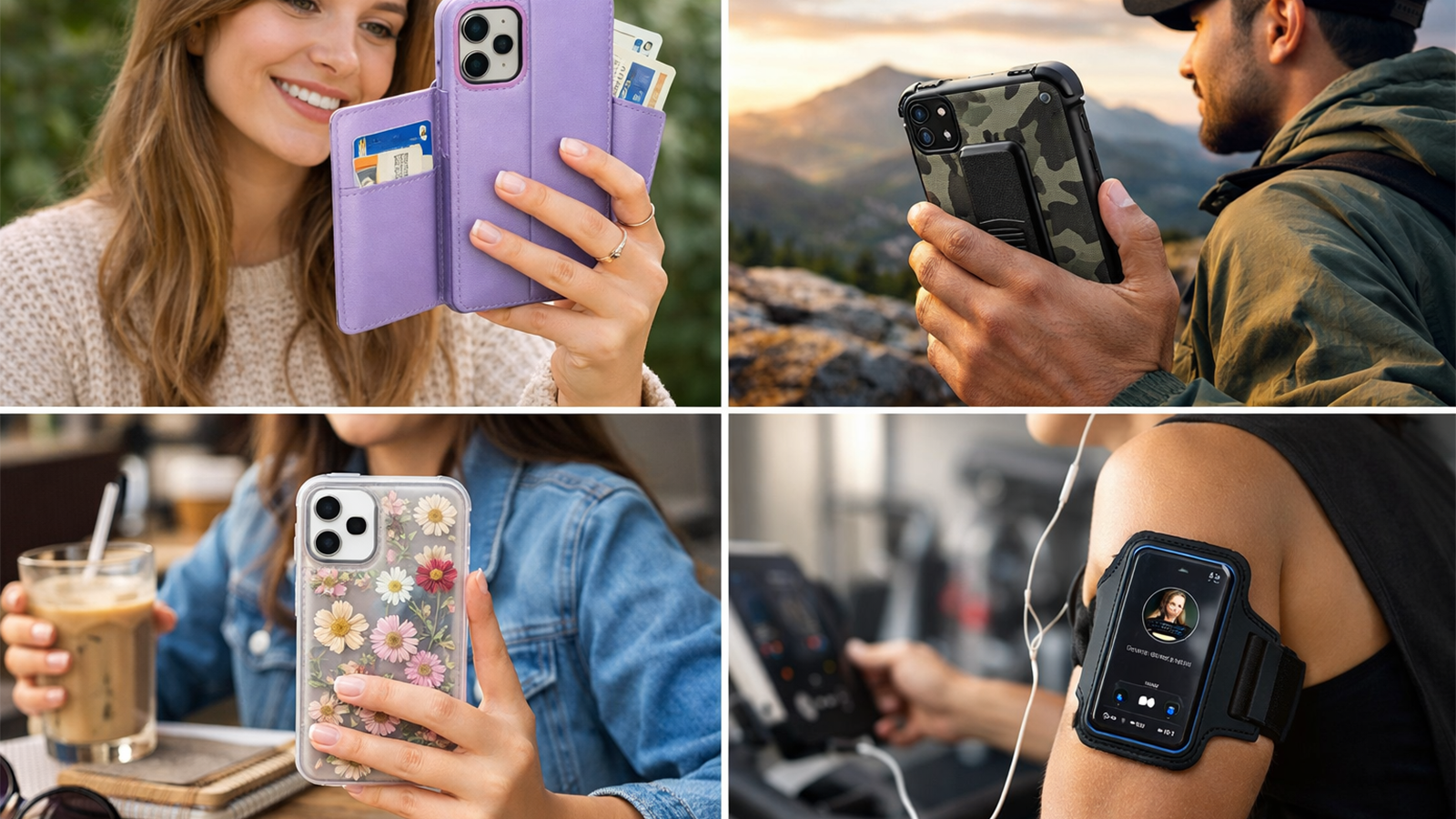Verschillende telefoonhoesjes in gebruikssituaties
